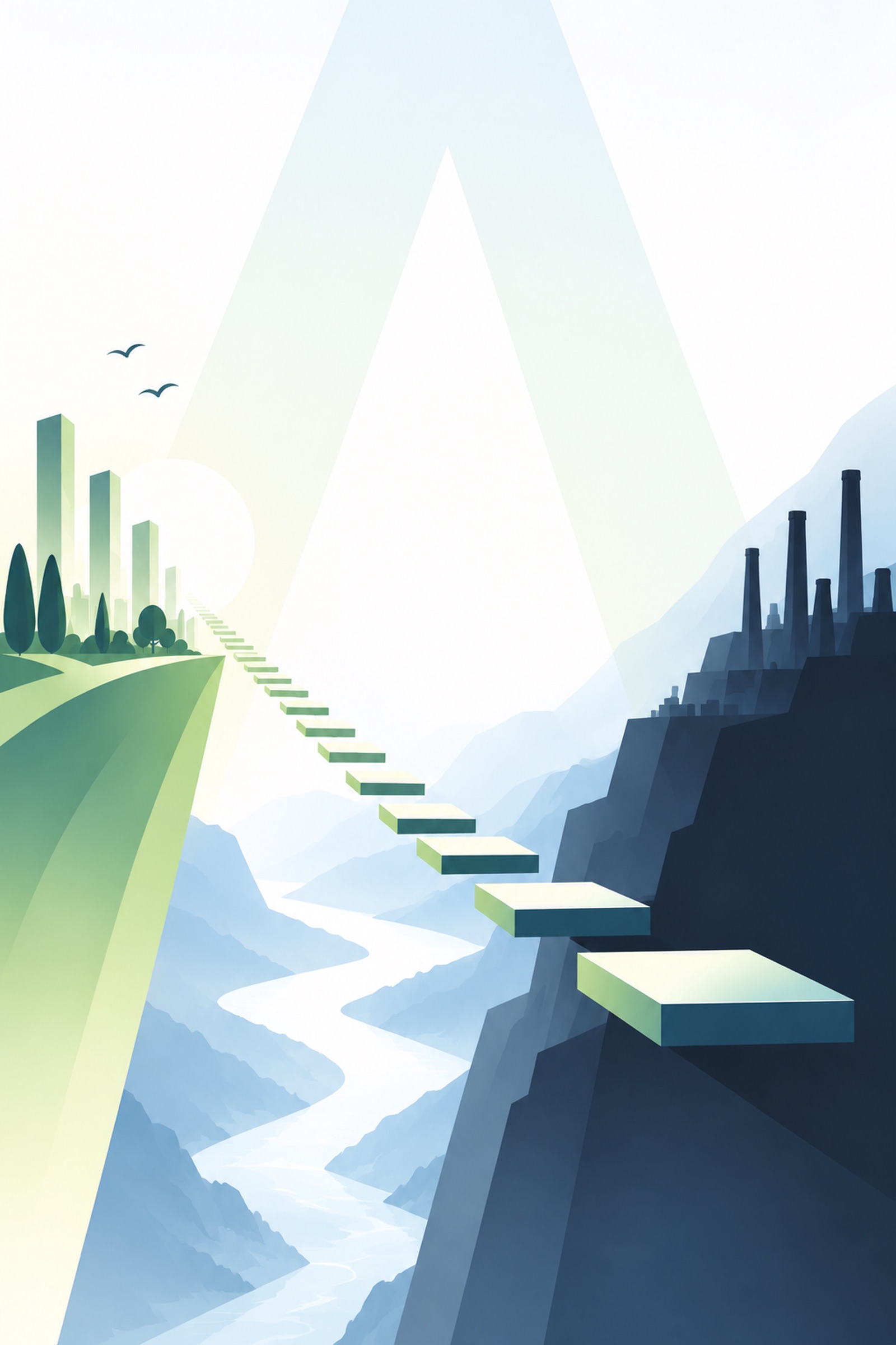 A green cultivated plateau with a modern city on the left and a dark industrial cliff with smokestacks on the right, joined by floating stepping stones that climb across a misty river valley beneath a tall beam of light.
